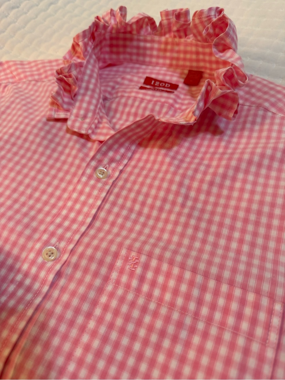 Upcycled Pink Gingham Button-Up Shirt with Ruffle Collar - Picture 5 of 9